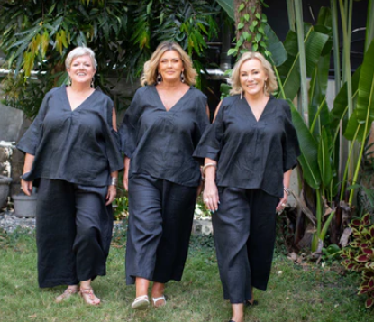 Women wearing Taleeta’s Boho Breeze linen top and pants – relaxed, flattering fashion for mature women. Comfortable linen clothing for menopause and beyond.