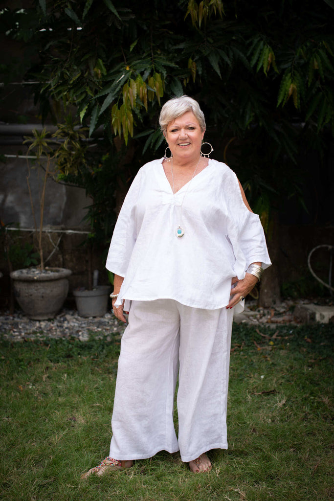 Taleeta - Tops - Boho Breeze  - White - Linen - worn with linen pants