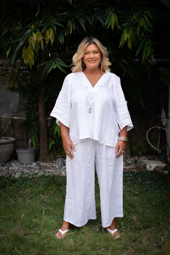 Taleeta - Tops - Boho Breeze  - White - Linen - worn with linen pants size: L