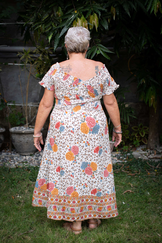 Taleeta - Dresses - Shirred Off Shoulder Dress - Jungle Hibiscus - White - back view - size: XXL