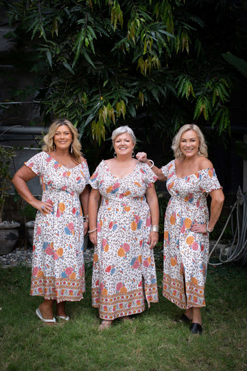 Taleeta - Dresses - Shirred Off Shoulder Dress - Jungle Hibiscus - White - all together