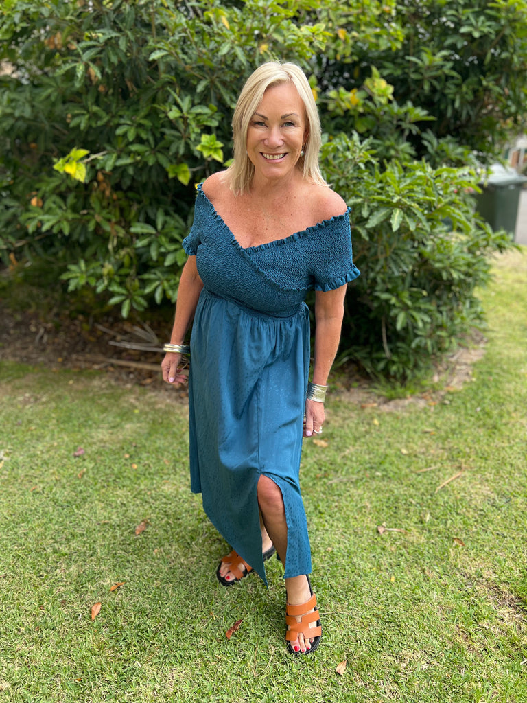 Taleeta - Dress - Off Shoulder - Blue - showing leg