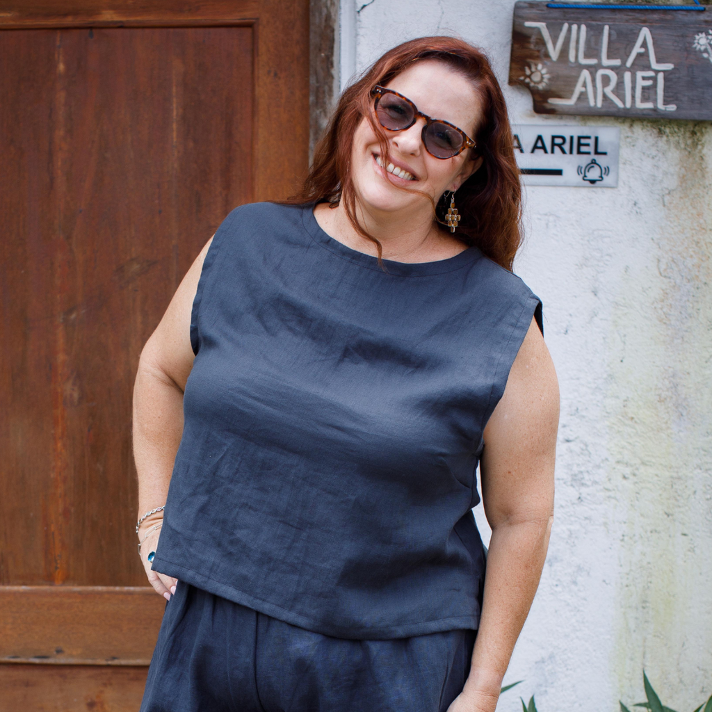 Linen sleeveless top on Kay