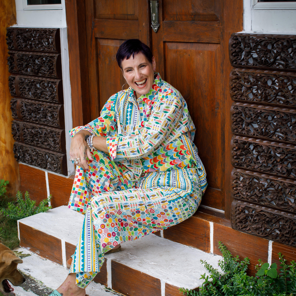 model wearing heavy linen pants set