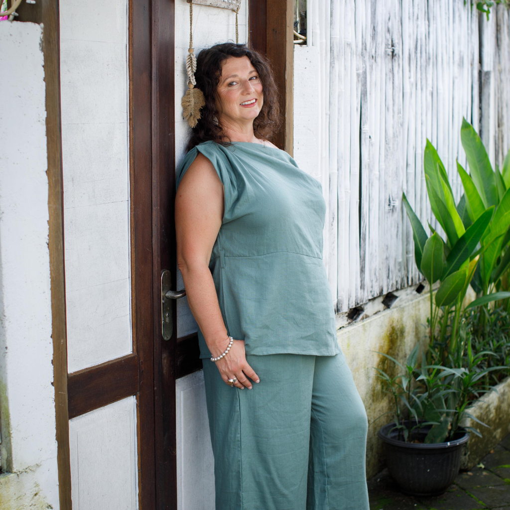 Linen one shoulder top in sage without belt
