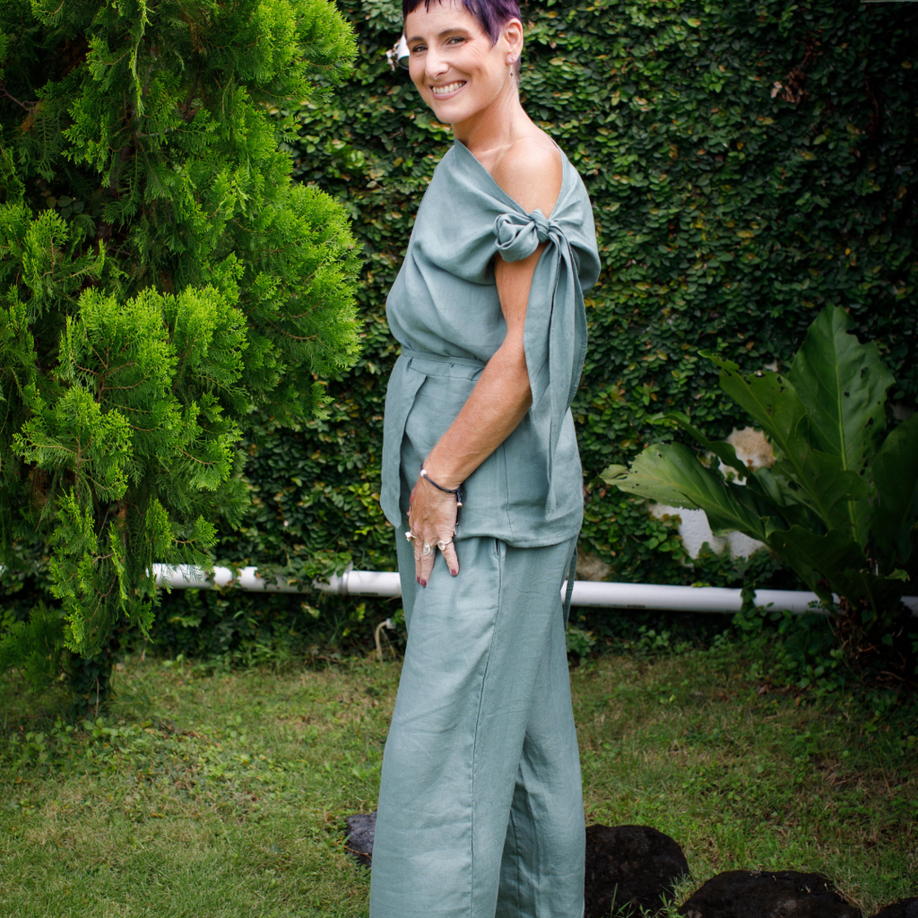 Linen one shoulder top in sage  - side