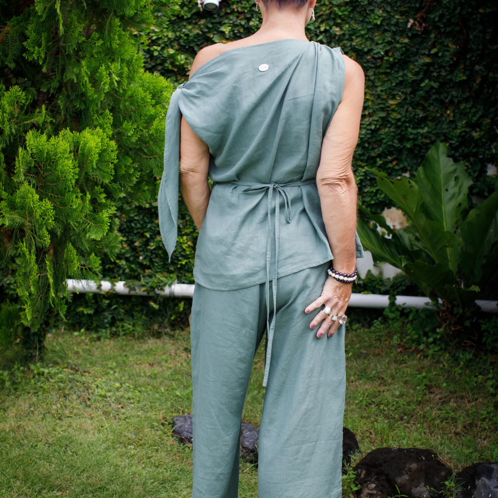 Back of Linen one shoulder top in sage 