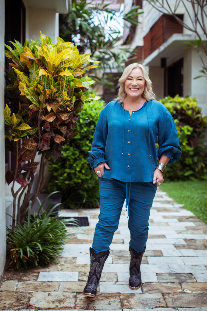 Taleeta - Blue Cotton Pants - Puff Sleeve Shirt Blue - Facing Front - Fullshot