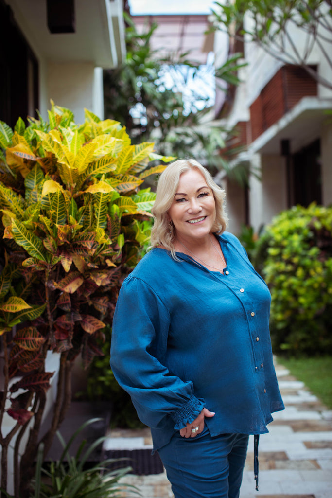 Taleeta - Blue Cotton Pants - Puff Sleeve Shirt Blue - Facing Front Right - Medium Fullshot