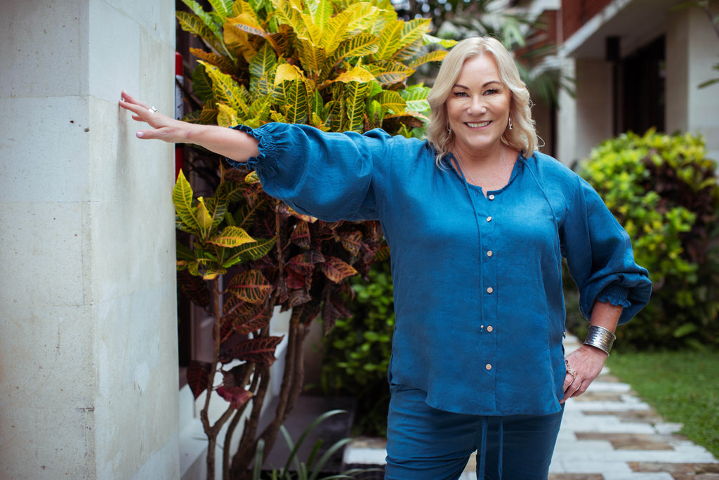 Taleeta - Blue Cotton Pants - Puff Sleeve Shirt Blue - Facing Front - Arm Stretched - Medium Fullshot