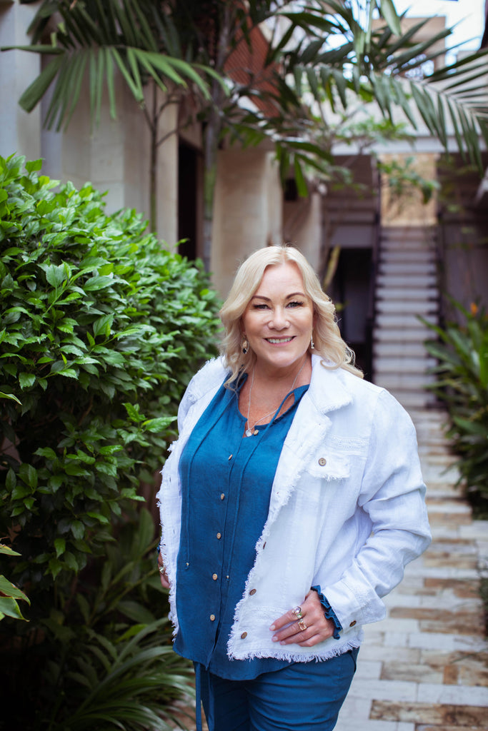 Taleeta - Blue Cotton Pants - With White Jacket - Facing Front - Medium Fullshot