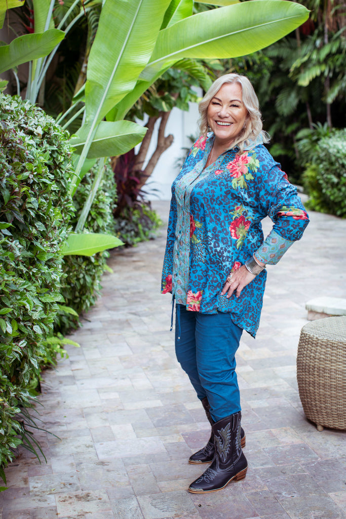 Taleeta - Blue Hibiscus Jungle Blouse - Blue Cotton Pants - Facing Front Left - Fullshot