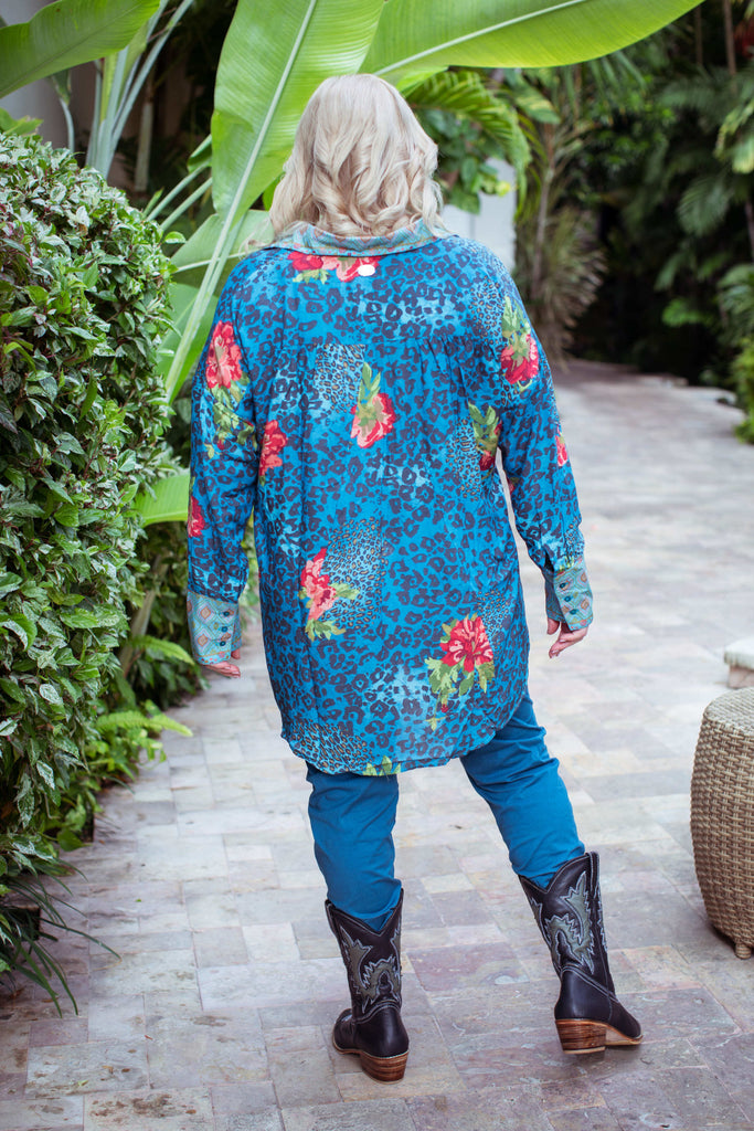 Taleeta - Blue Hibiscus Jungle Blouse - Blue Cotton Pants - Facing Backward - Fullshot