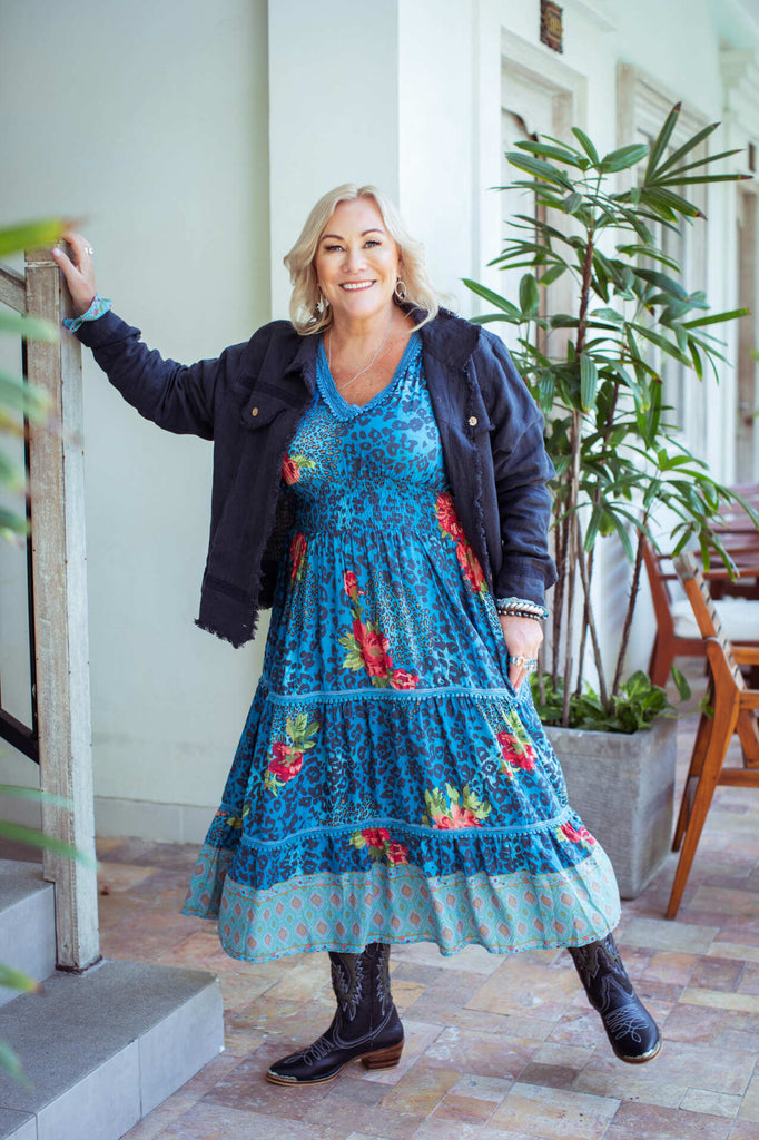 Taleeta - Blue Hibiscus Jungle Dress - Indigo Jacket - Facing Front - Right Leg Stretched - Fullshot