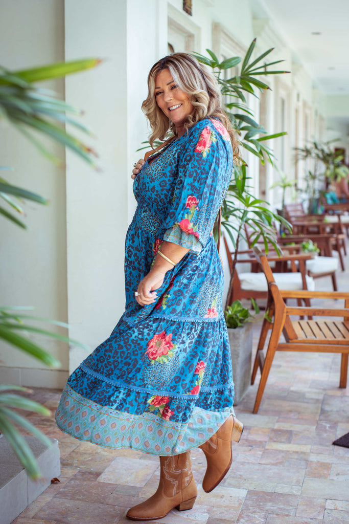 Taleeta - Blue Hibiscus Jungle Dress - Leather Bag - Facing Left Side - Fullshot