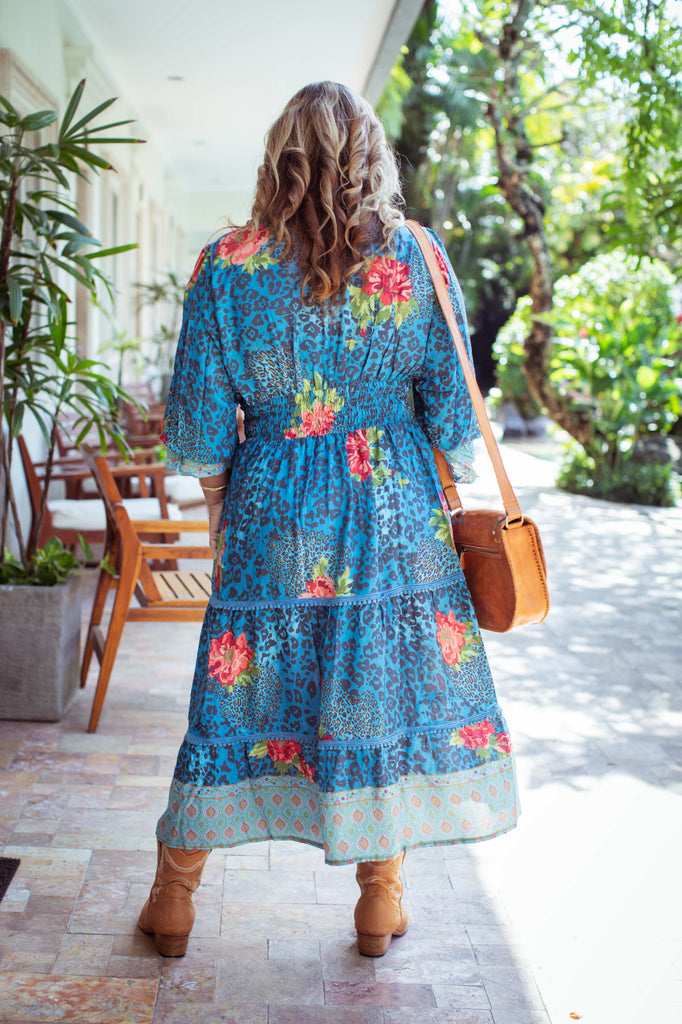 Taleeta - Blue Hibiscus Jungle Dress - Leather Bag - Facing Backward - Fullshot