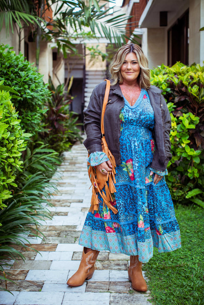Taleeta - Blue Hibiscus Jungle Dress - Stone Jacket & Leather Bag - Facing Front - Fullshot
