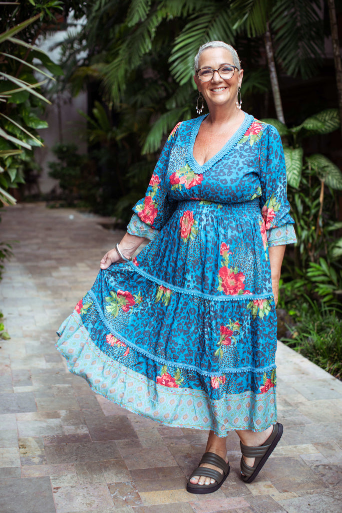 Taleeta - Blue Hibiscus Jungle Dress - Facing Front - Fullshot