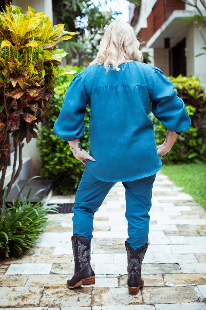 Taleeta - Blue Puff Sleeve Shirt - Blue Cotton Pants - Facing Backward - Fullshot