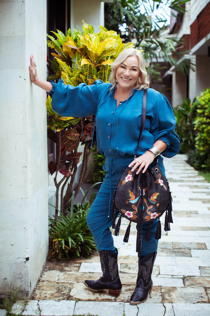 Taleeta - Blue Puff Sleeve Shirt - Blue Cotton Pants & Leather Bag - Facing Front Left - Fullshot