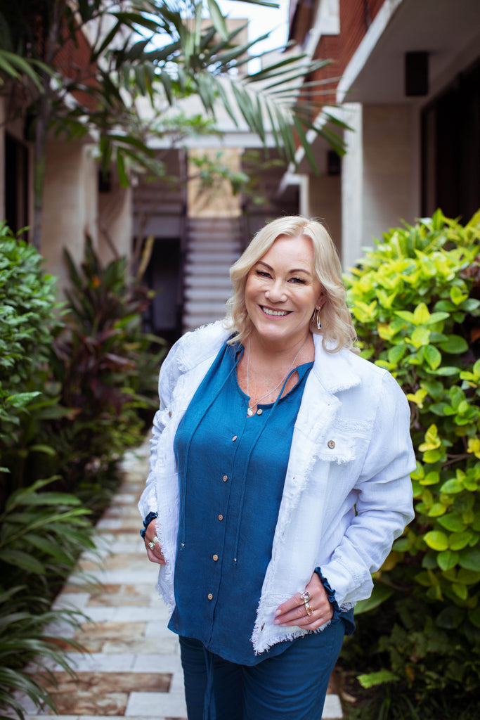 Taleeta - Blue Puff Sleeve Shirt - Blue Cotton Pants & White Jacket - Facing Front - Medium Fullshot