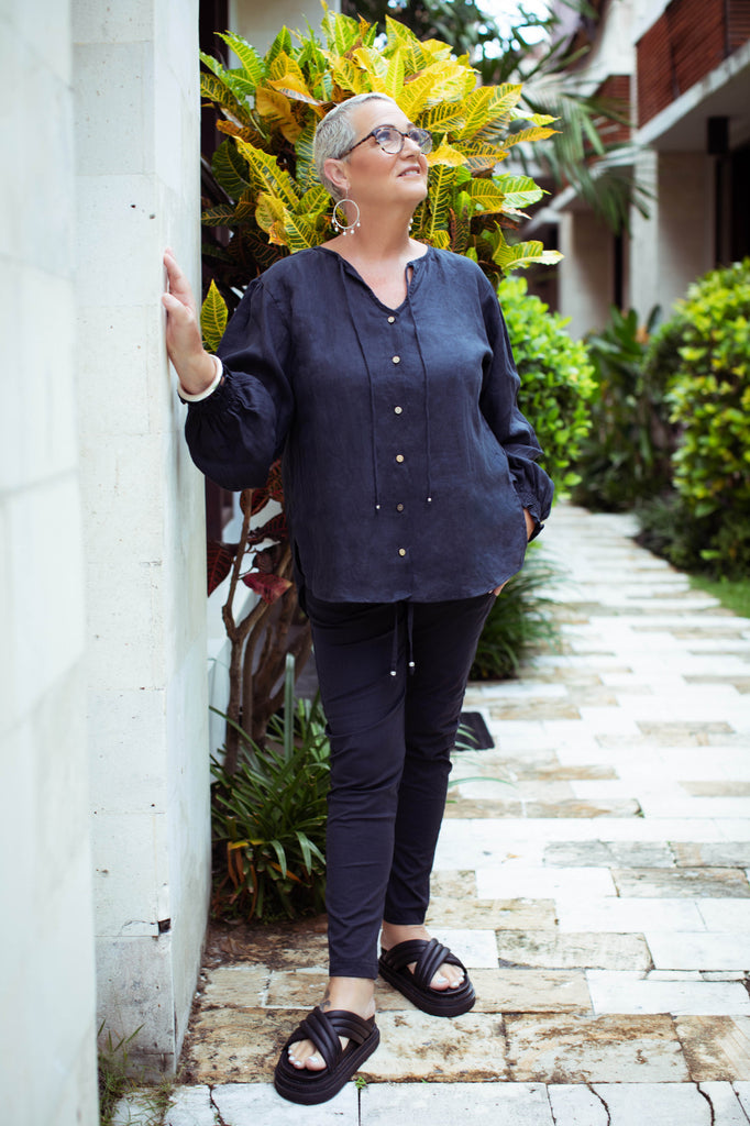 Taleeta - Indigo Cotton Pants - Indigo Puff Sleeve Shirt - Facing Front Right - Fullshot