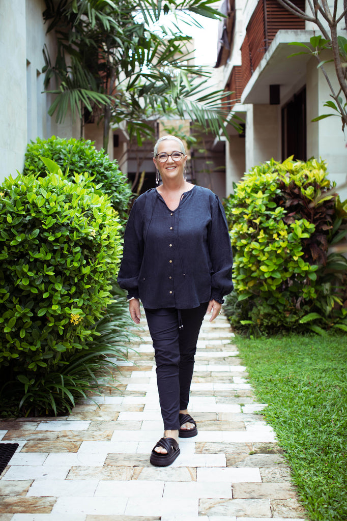 Taleeta - Indigo Cotton Pants - Indigo Puff Sleeve Shirt - Facing Front - Fullshot