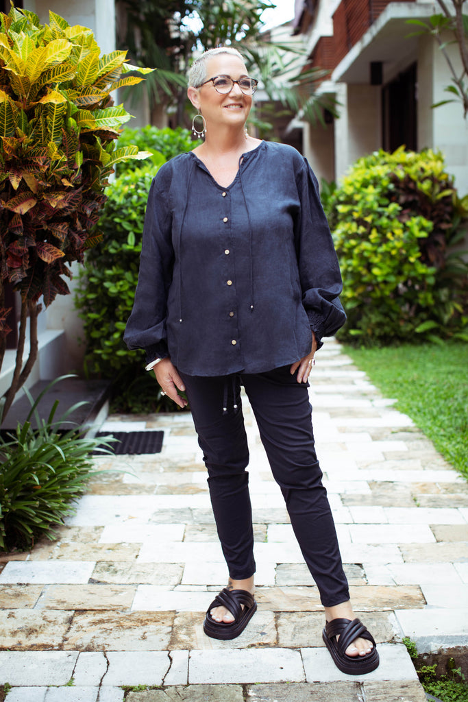 Taleeta - Indigo Cotton Pants - Indigo Puff Sleeve Shirt - Facing Front Right - Stretched Leg - Fullshot