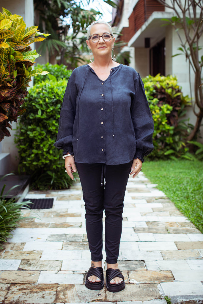 Taleeta - Indigo Cotton Pants - Indigo Puff Sleeve Shirt - Facing Front - Medium Fullshot