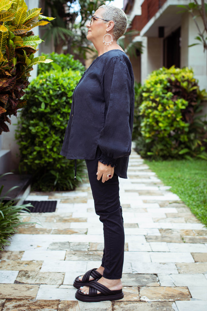 Taleeta - Indigo Cotton Pants - Indigo Puff Sleeve Shirt - Facing Left - Medium Fullshot