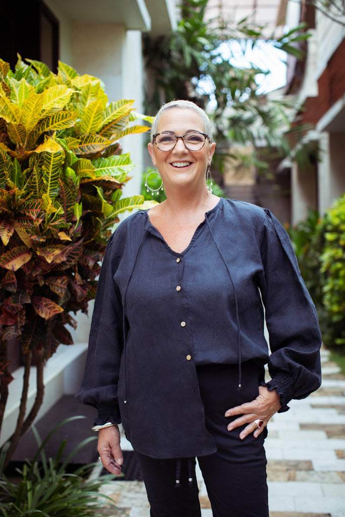 Taleeta - Indigo Cotton Pants - Indigo Puff Sleeve Shirt - Facing Front - Medium Fullshot