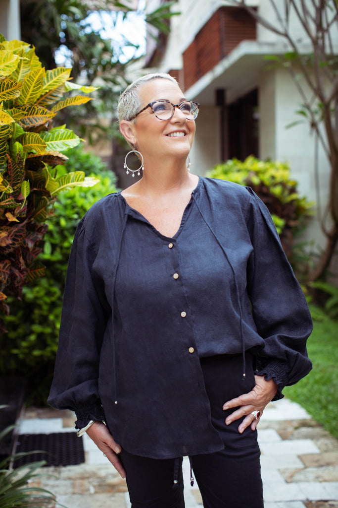 Taleeta - Indigo Cotton Pants - Indigo Puff Sleeve Shirt - Facing Upward Front Right - Medium Fullshot