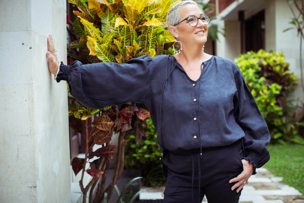 Taleeta - Indigo Cotton Pants - Indigo Puff Sleeve Shirt - Facing Front Right - Landscape Medium Fullshot