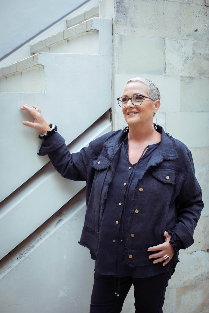 Taleeta - Indigo Cotton Pants - Indigo Puff Sleeve Shirt & Indigo Jacket - Facing Front Left - Medium Fullshot