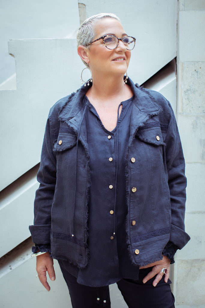 Taleeta - Indigo Cotton Pants - Indigo Puff Sleeve Shirt & Indigo Jacket - Facing Front Right - Medium Fullshot