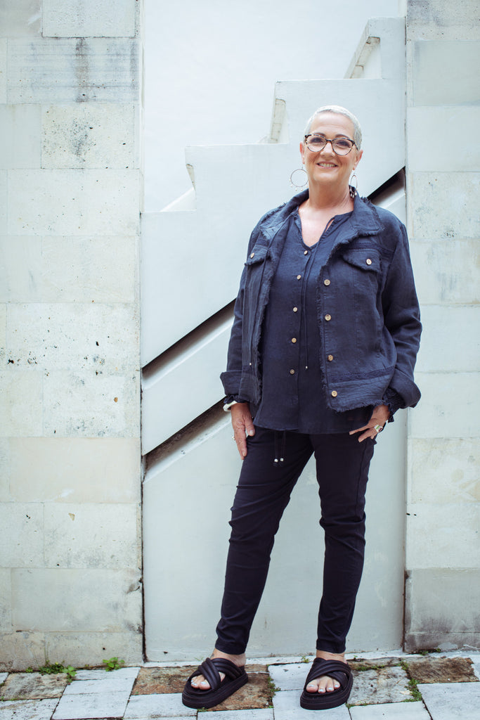 Taleeta - Indigo Cotton Pants - Indigo Puff Sleeve Shirt & Indigo Jacket - Facing Front - Fullshot