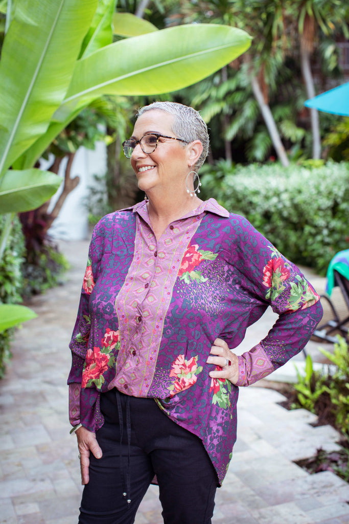 Taleeta - Indigo Cotton Pants - Purple Hibiscus Jungle Blouse - Facing Front Left - Medium Fullshot