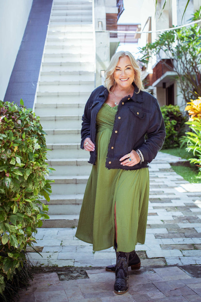 Taleeta - Indigo Jacket - Leaf Dress - Facing Front - Fullshot