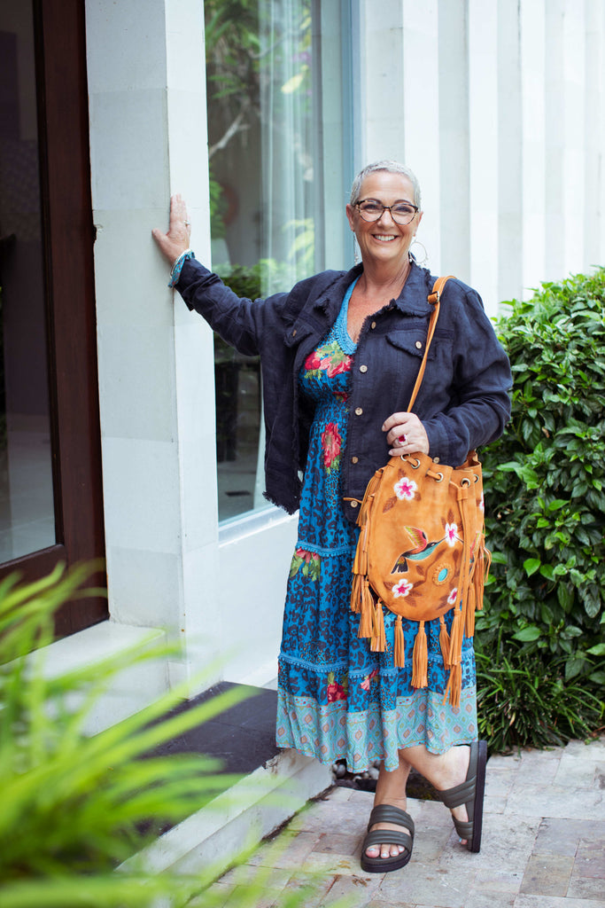 Taleeta - Indigo Jacket - Blue Hibiscus Jungle Dress & Leather Bag - Facing Front - Fullshot