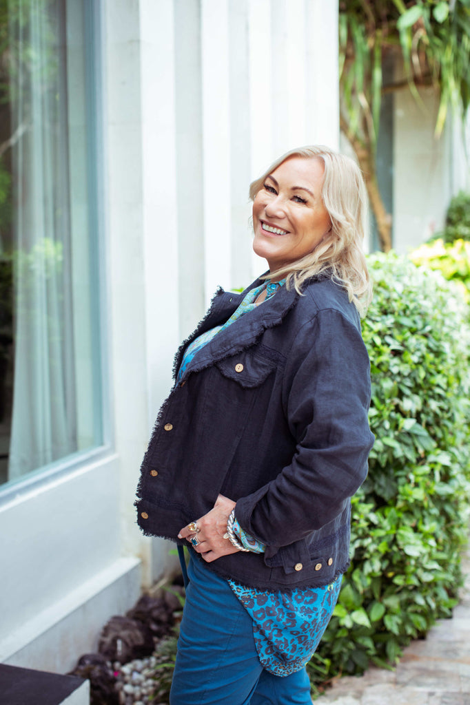 Taleeta - Indigo Jacket - Blue Hibiscus Jungle Blouse & Blue Cotton Pants - Facing Left Side - Medium Fullshot