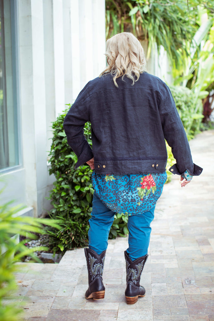 Taleeta - Indigo Jacket - Blue Hibiscus Jungle Blouse & Blue Cotton Pants - Facing Backward - Fullshot