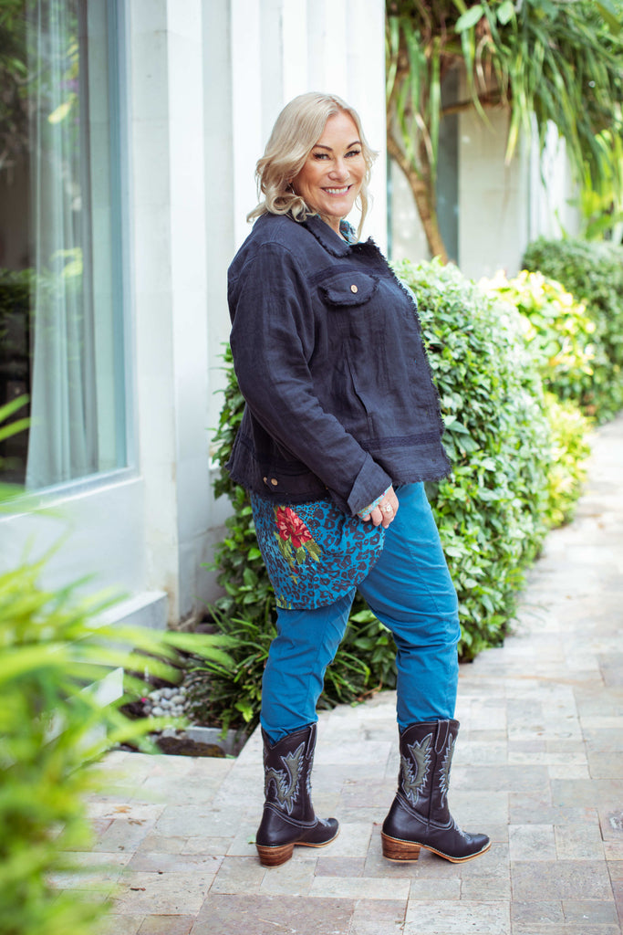 Taleeta - Indigo Jacket - Blue Hibiscus Jungle Blouse & Blue Cotton Pants - Facing Back Right - Fullshot
