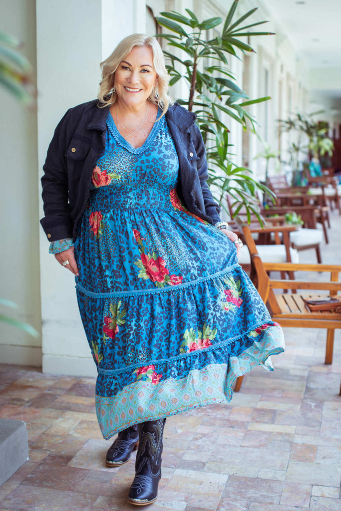 Taleeta - Indigo Jacket - Blue Hibiscus Jungle Dress - Facing Front - Fullshot