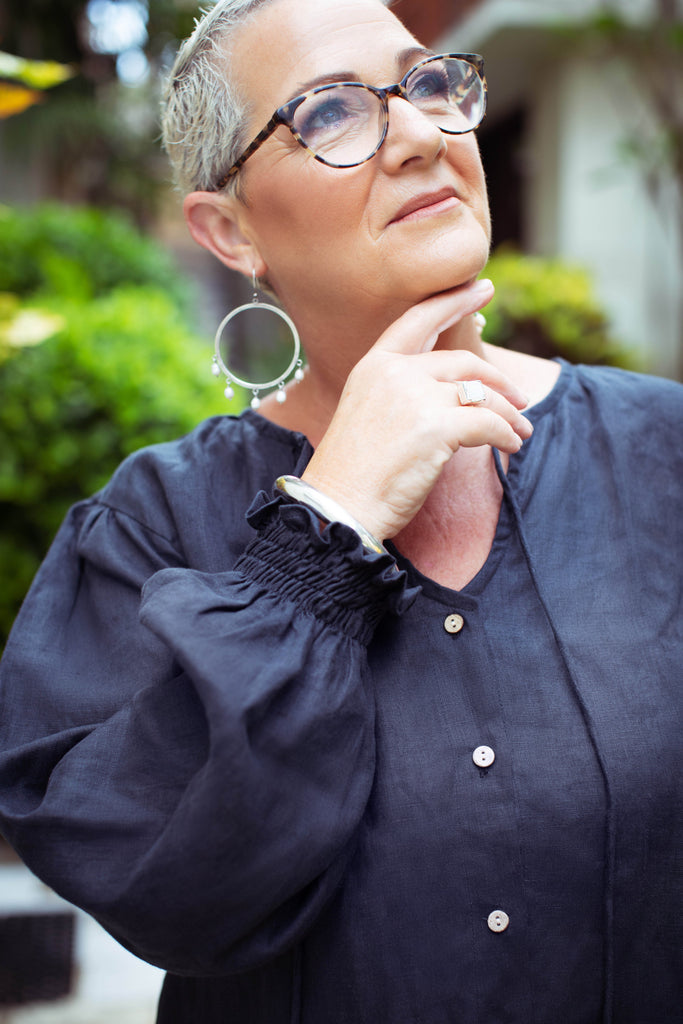 Taleeta - Indigo Puff Sleeve Shirt - Indigo Cotton Pants - Facing Upward - Closeup Shot