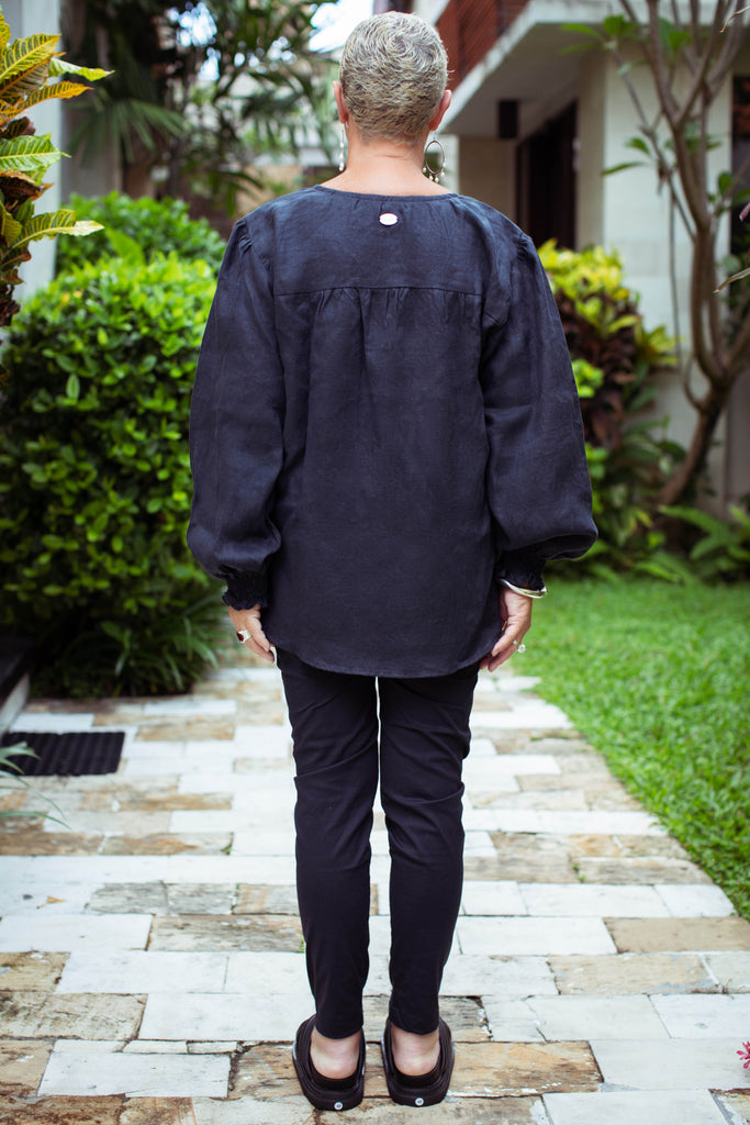 Taleeta - Indigo Puff Sleeve Shirt - Indigo Cotton Pants - Facing Backward - Fullshot