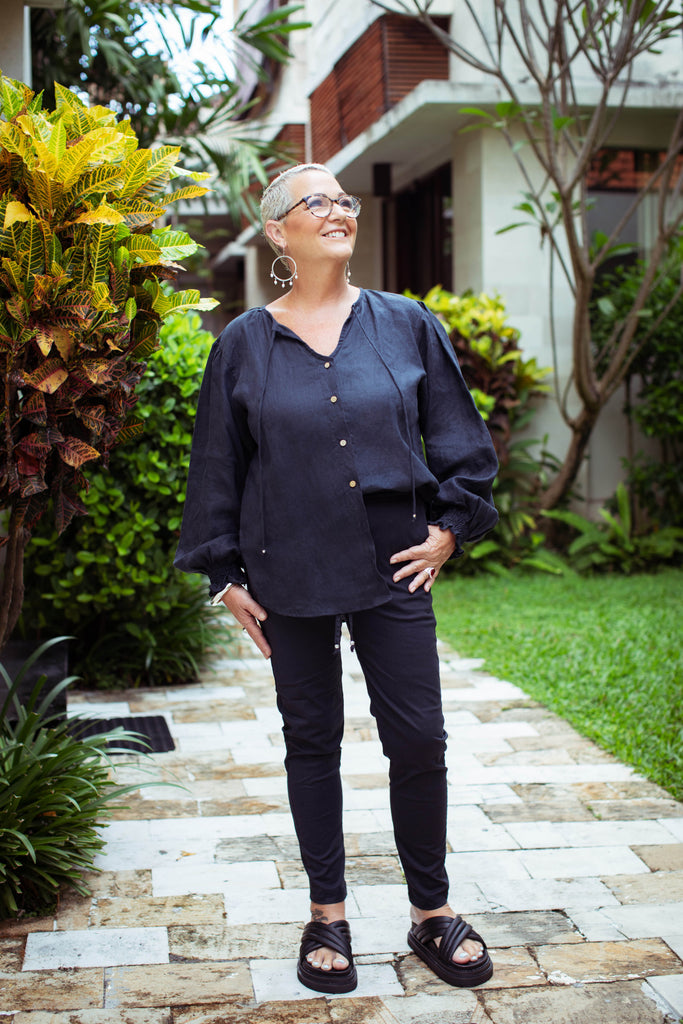 Taleeta - Indigo Puff Sleeve Shirt - Indigo Cotton Pants - Facing Upward - Fullshot