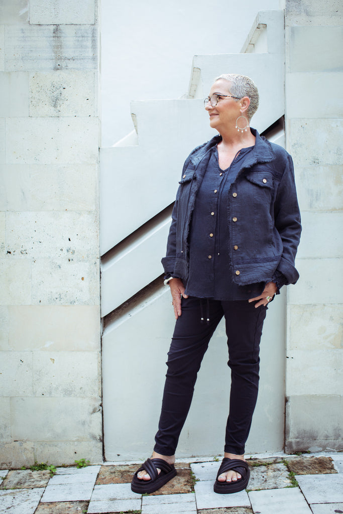 Taleeta - Indigo Puff Sleeve Shirt - Indigo Cotton Pants & Indigo Jacket - Facing Front Left - Fullshot