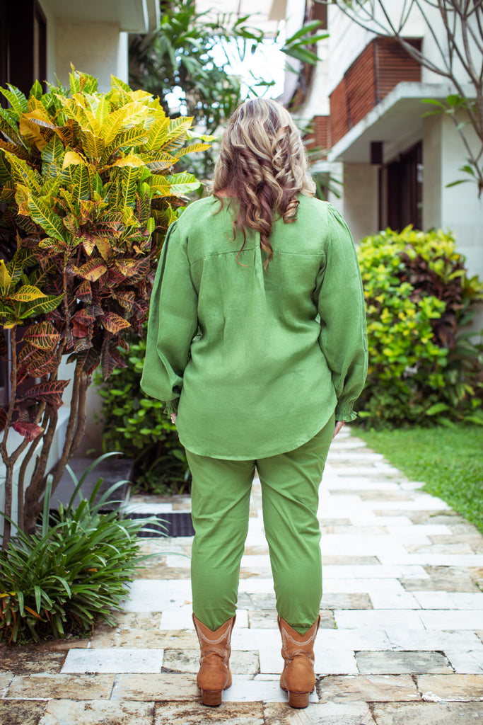 Taleeta - Leaf Cotton Pants - Leaf Puff Sleeve Shirt - Facing Backward - Fullshot