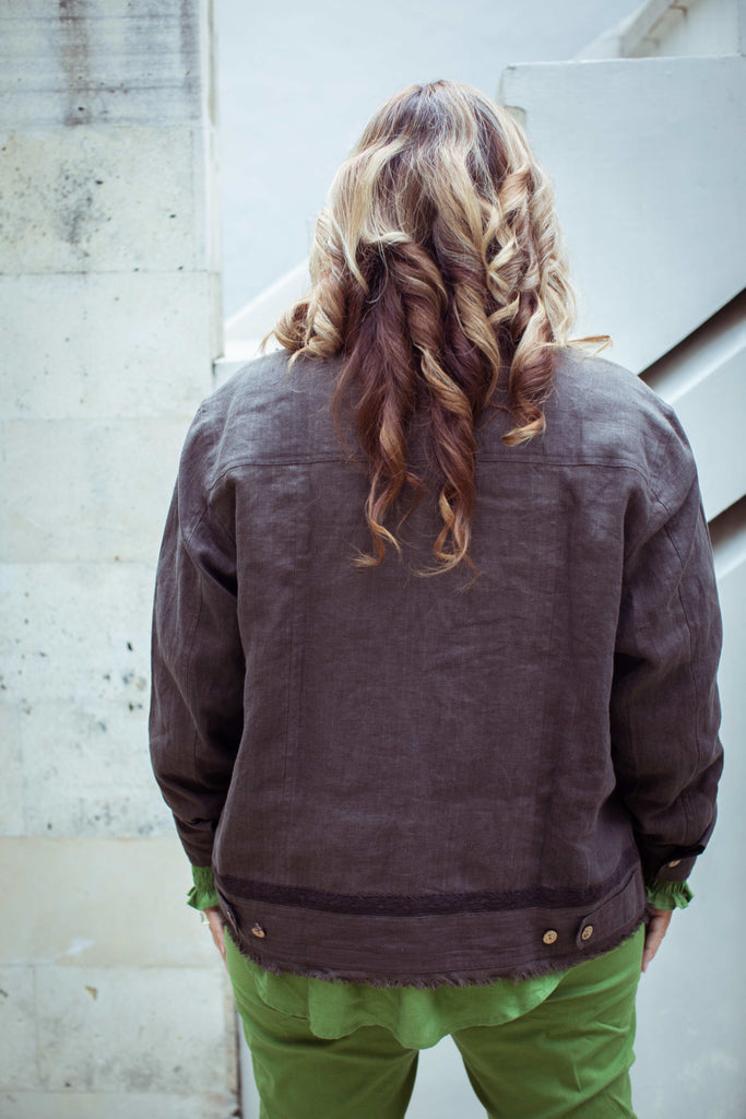 Taleeta - Leaf Cotton Pants -  Leaf Puff Sleeve Shirt & Stone Jacket - Facing Backward - Medium Fullshot