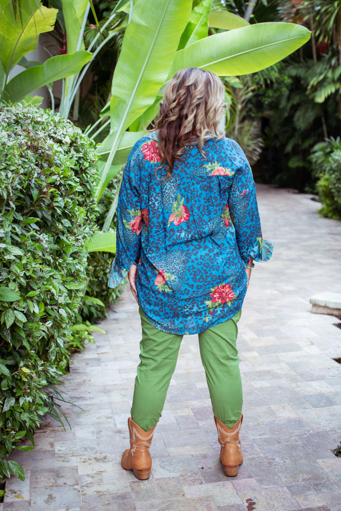Taleeta - Leaf Cotton Pants -  Hibiscus Jungle Blouse  - Facing Backward - Fullshot